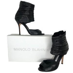 Manolo Blahnik Black Leather Ruched Ankle Cuff Stiletto Pumps